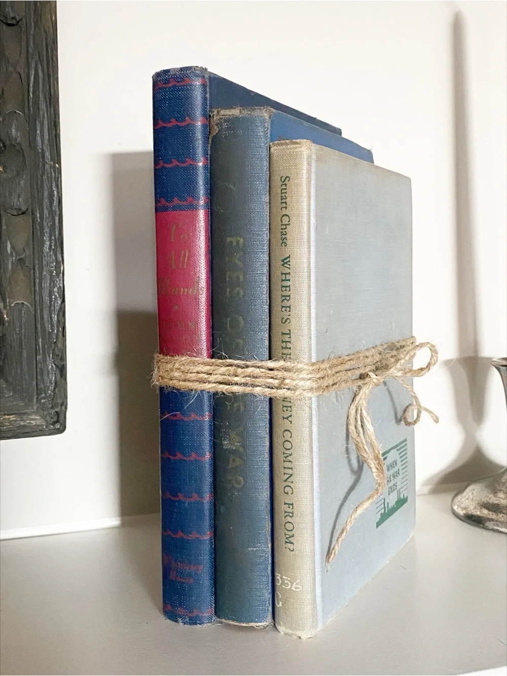 Vintage Stack of Three Blue Decorative Books with Twine